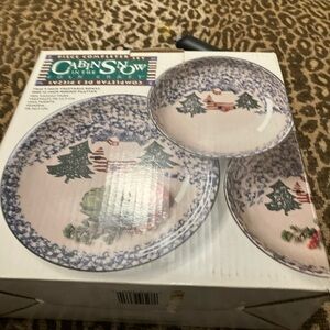 Cabin in the Snow" stoneware completer  Folk Craft collection by Tienshan.